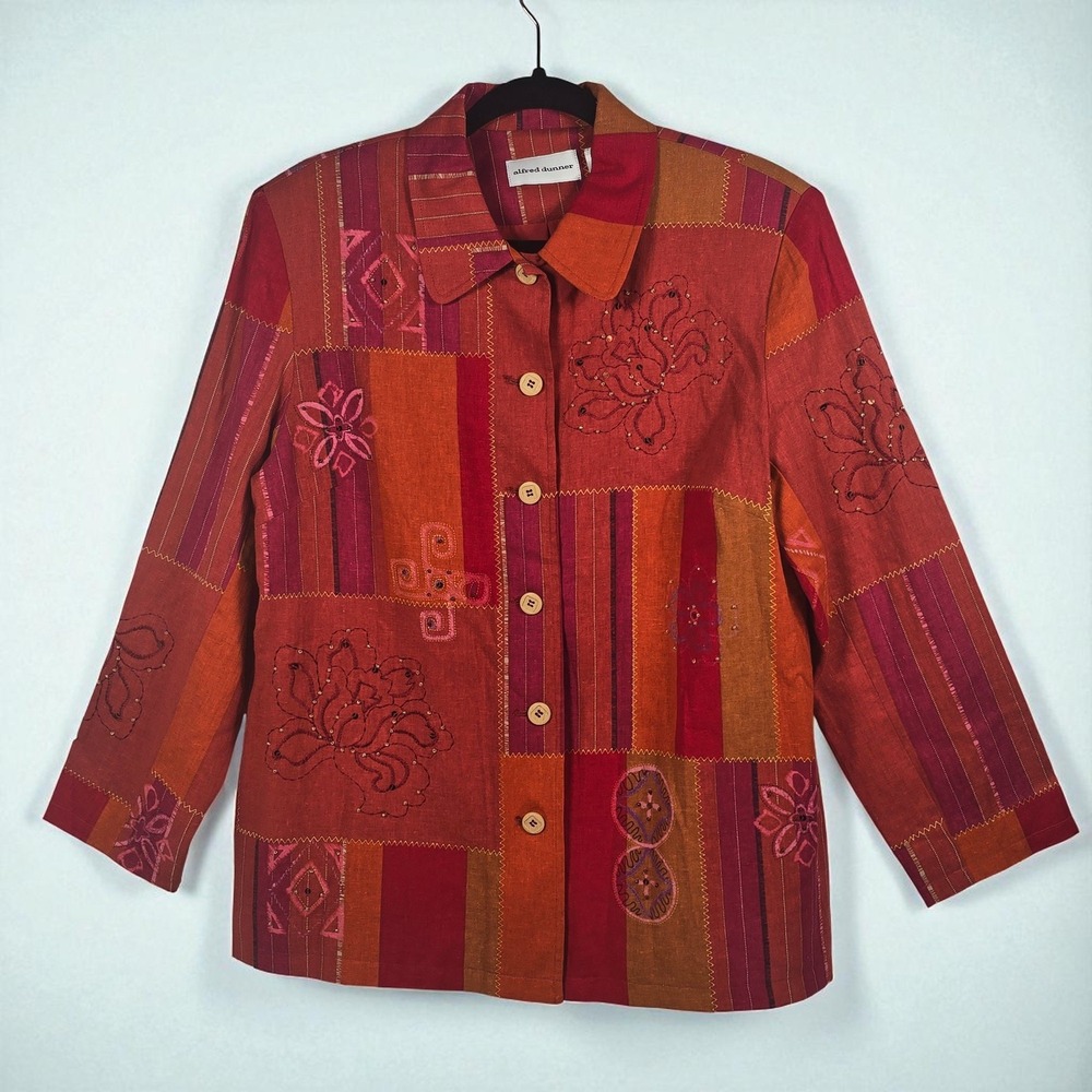 Vintage Alfred Dunner Linen Blend Jacket‎ Woman 14 Red Orange Floral Patchwork